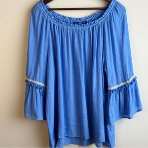 Apt 9 XXL Blue Off Shoulder Boho Peasant Blouse Pom Pom Bell Sleeve Top